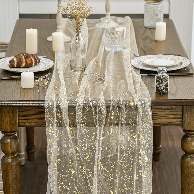 Artoid Mode Beige Gold Gauze Table Runner 120 Inch 10FT, Glitter Metallic Foil - Image 2