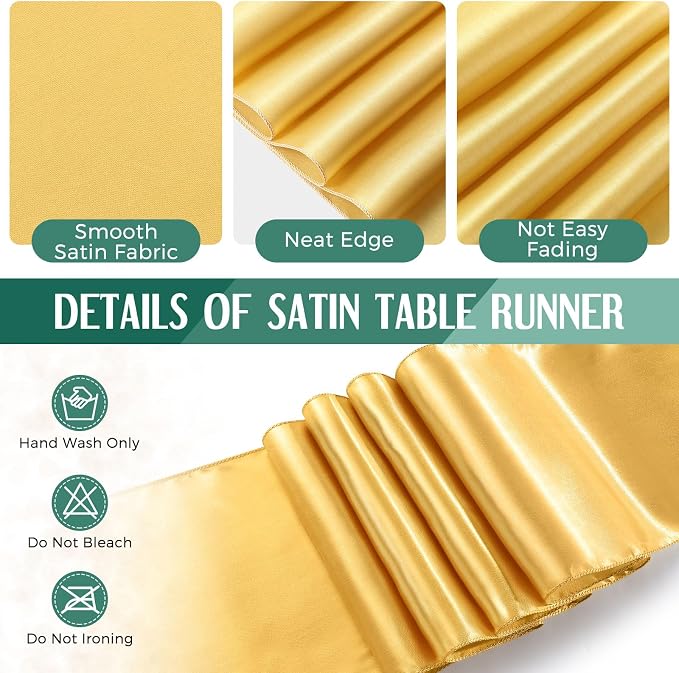 24 Pack Green and Gold Disposable Plastic Tablecloths and Satin Table Runner Set - Image 3