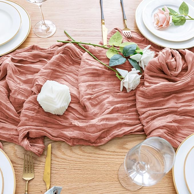 Cheesecloth Table Runner Dark Rose 10FT Boho Gauze Runner, 3 Pack | 120 Inch - Image 5