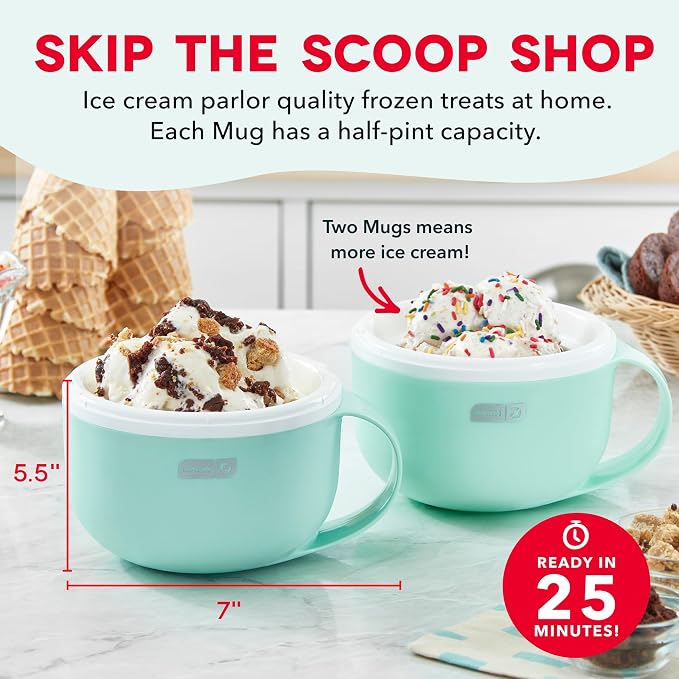 Dash My Mug Ice Cream Maker Bundle, 2 Half-Pint Freezer Mugs, Aqua | Electric - Image 2
