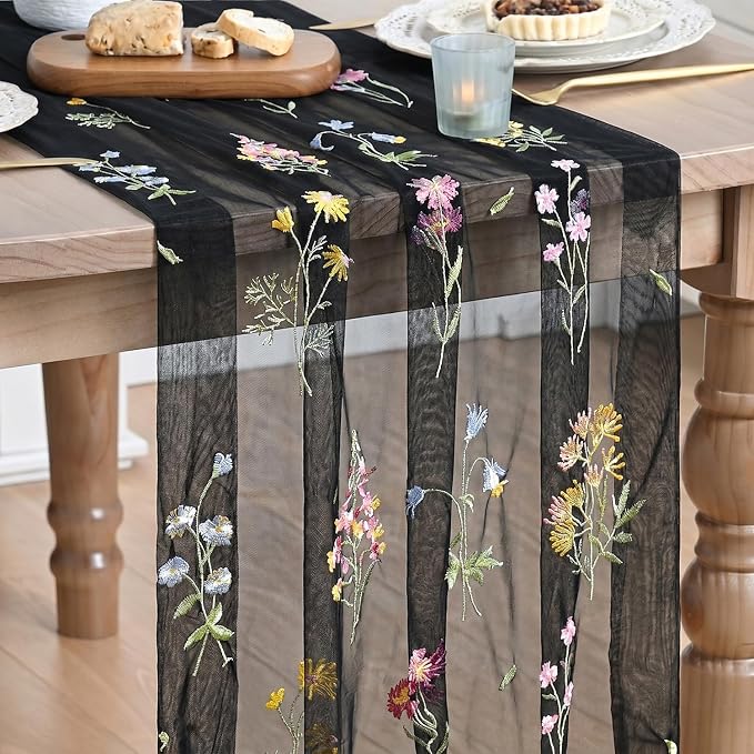 Artoid Mode Wildflower Floral Black Gauze Embroidery Table Runner 120 Inch 10FT by ArtoidMode