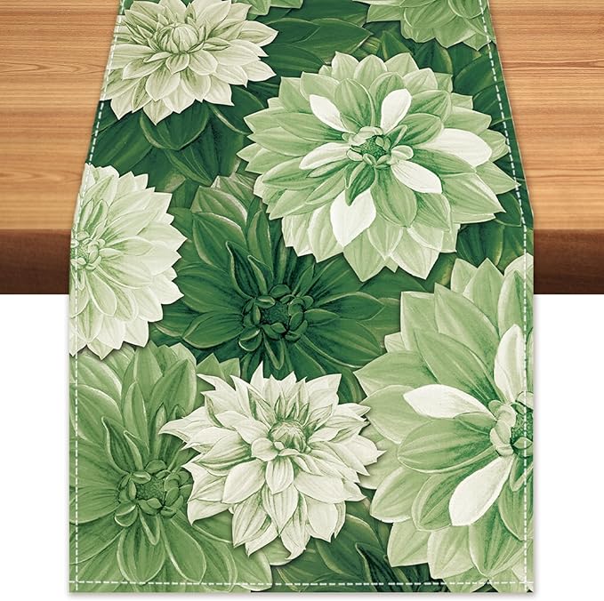 Green Dahlia Flower Summer Table Runner Sage Green Burlap Table Runners by BEAUTYROMANCEFORYOURLIFE