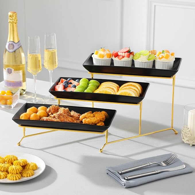 MALACASA 3 Tier Serving Trays for Party, 12 Inch Porcelain Black Trays for - Image 5