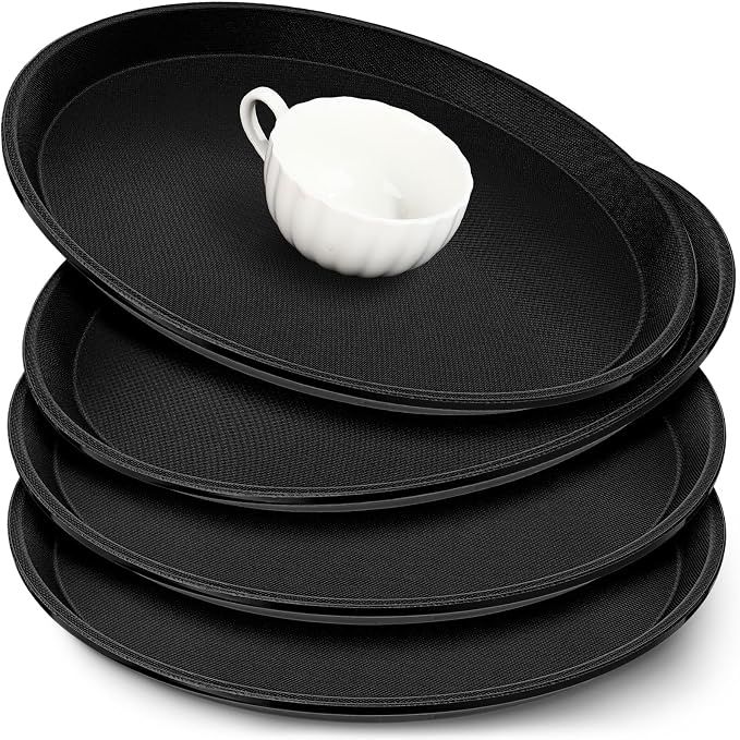 Zopeal 4 Pieces 14" Black Round Restaurant Serving Tray, Plastic Non Slip by Zopeal
