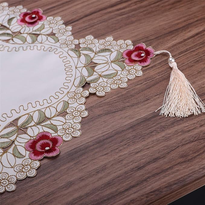 LeLehome 15 Inch X 58 Inch Classic Beige Table Runner, Flowers Embroidered Red - Image 9