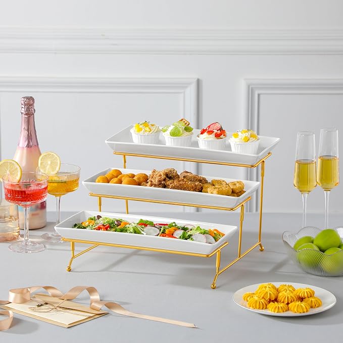 MALACASA 3 Tier Serving Trays for Party, 14 Inch Porcelain White Trays for - Image 8