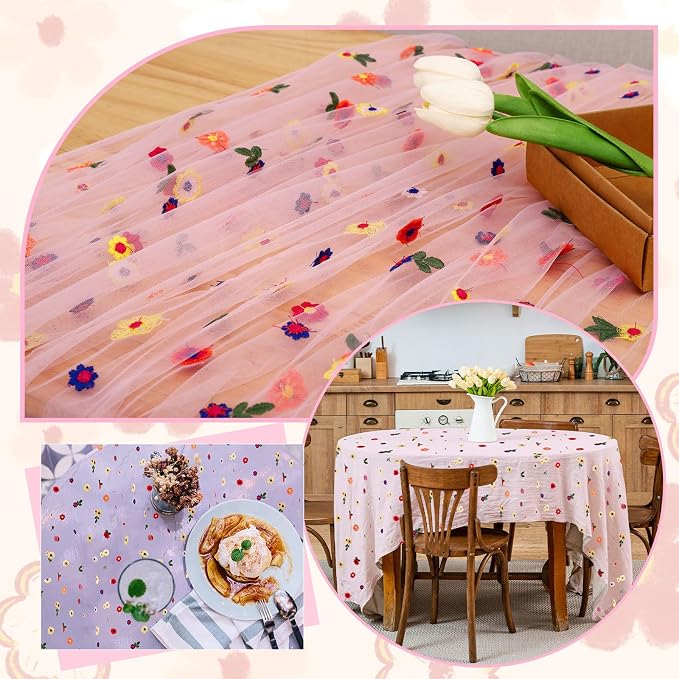BINBE 6pcs Pink Daisy Spring Table Runner Embroidery Gauze 10FT Florals - Image 8
