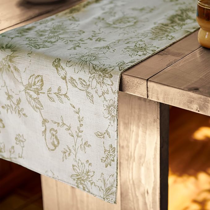 jinchan Green Floral Linen Table Runner 13 x 72 Inch Rustic | Nature-inspired - Image 2