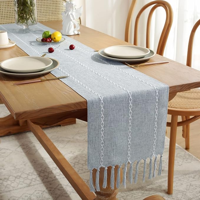 Wracra Rustic Linen Table Runner, Dusty Blue Table Runners 90 inches Long | - Image 2
