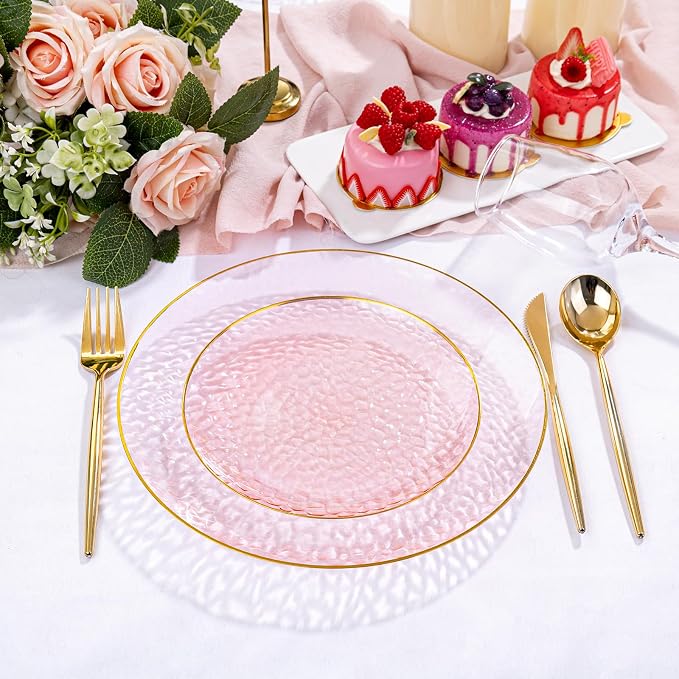 Rubtlamp 100Pcs Clear Pink Gold Plastic Plates, Hammered Plastic Plates Include - Image 4