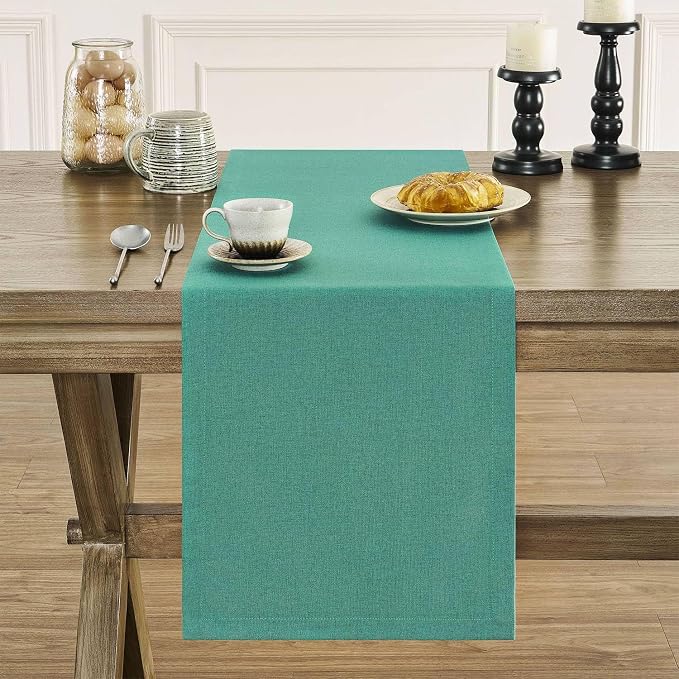 Basic Linen Style Table Runner, 14x36 Inch Teal | Mitered Corner Design - Image 2