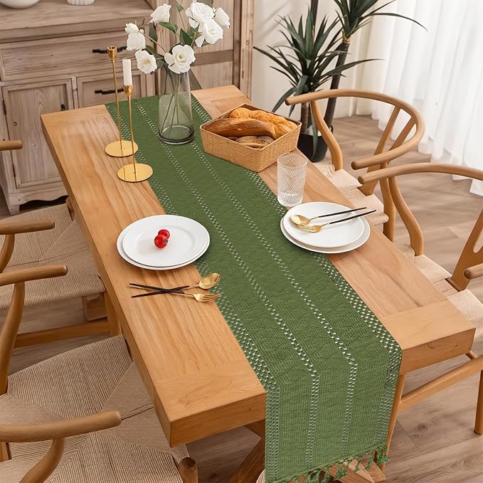 Sage Green Boho Table Runner for Home Decor 108 Inches Long - Image 2
