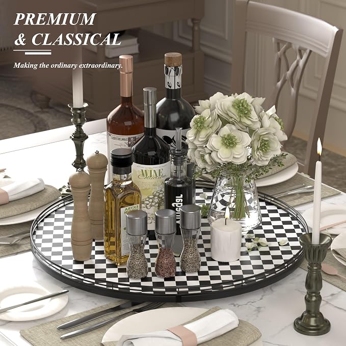 AMH 24-Inch Black and White Checkerboard Lazy Susan Decorative Tray | Smooth - Image 3