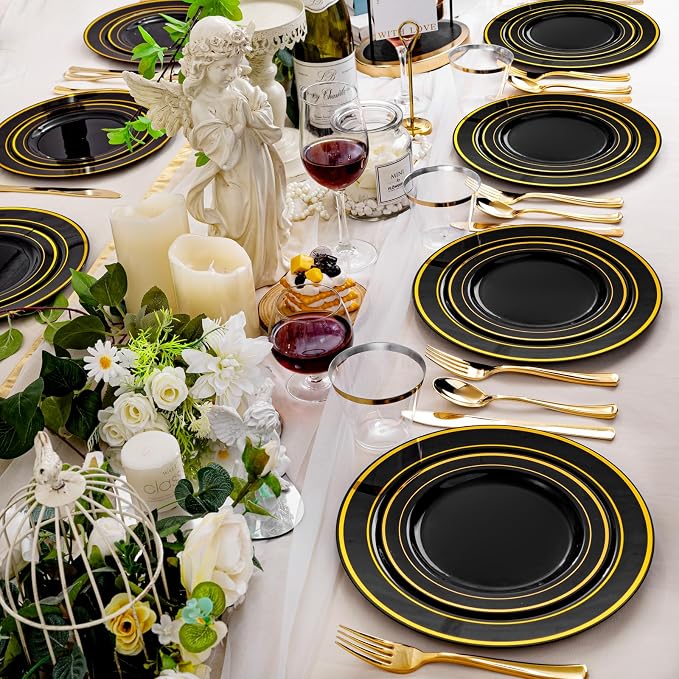 bUCLA 600PCS Black and Gold Disposable Dinnerware Set - Image 7