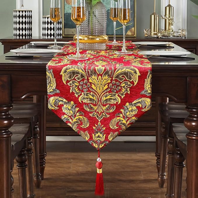 Jacquard Red Table Runner 120" Long Chenille Decor - Image 7