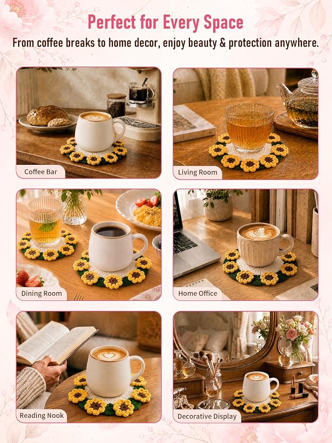 Crochet Flower Bouquet Coasters, Cotton Sunflower Gifts - Image 8