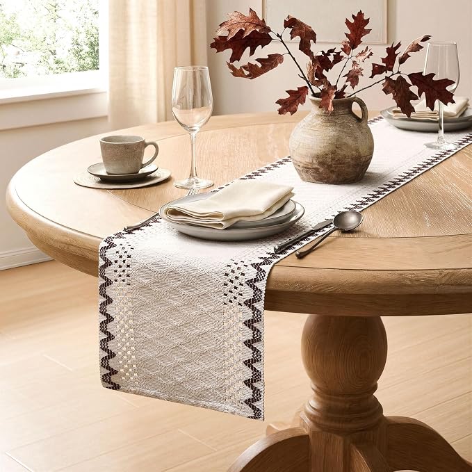 Macrame Side Trim Boho Woven Table Runner, Chocolate 12x108 Inch | Crochet - Image 5
