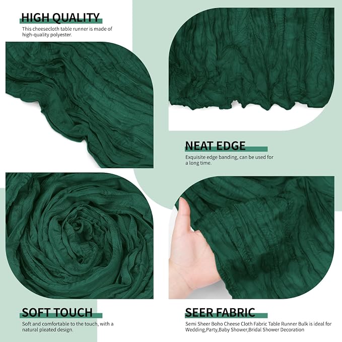 4 Pack Pack Dark Green Cheesecloth Table Runner 10Ft, Christmas Table Runner - Image 3