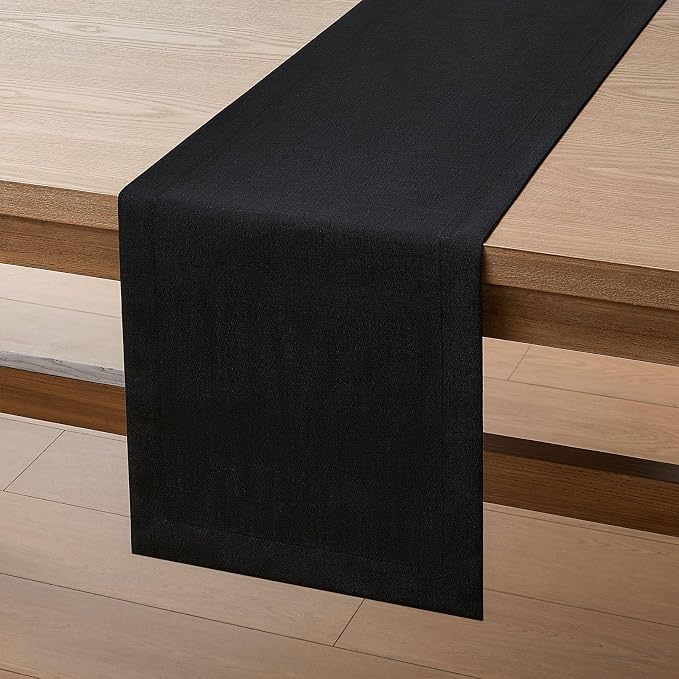 Linen Textured Border Table Runner, 14 x 48 Inch Black | Mitered Corner Design - Image 7