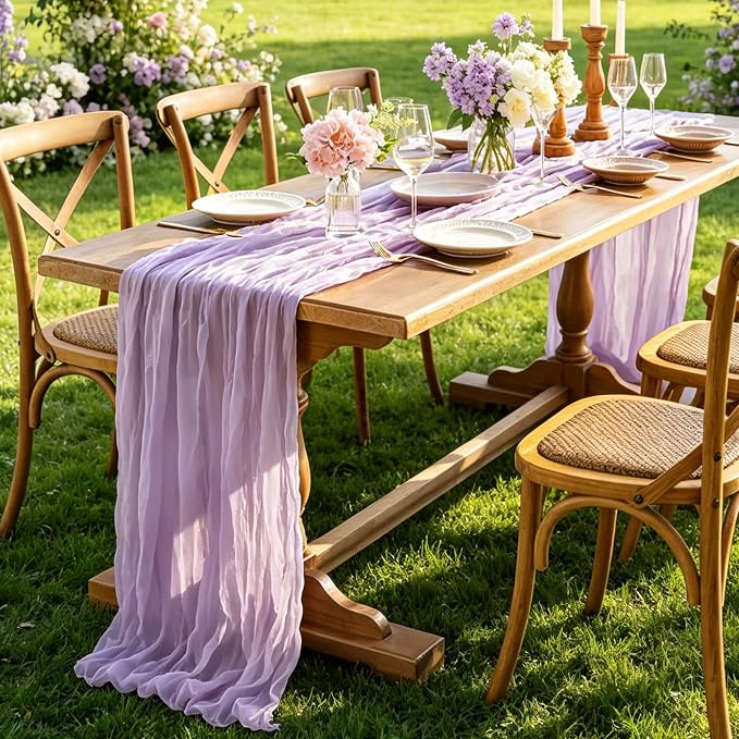 3Pcs Lilac Table Runner, 10FT Rustic Gauze Lavender Table Runner 35*120inch - Image 5