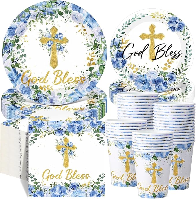 Pickmesh 250 Pcs Blue Baptism Cross Disposable Tableware Set Confirmation by Pickmesh