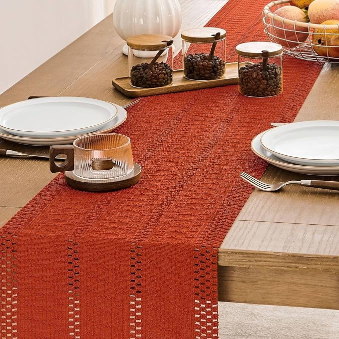 Macrame Style Boho Table Runner, 12x36 Inch Dark Orange | Woven Boho Table - Image 5