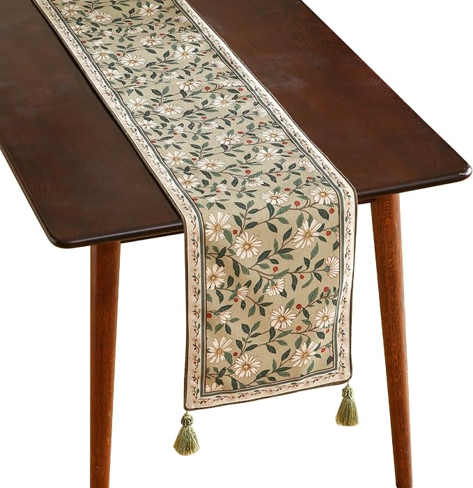 Designer Vintage Linen Long Table Runner, Floral Pattern, Dining Table by Isaennehomedecoration