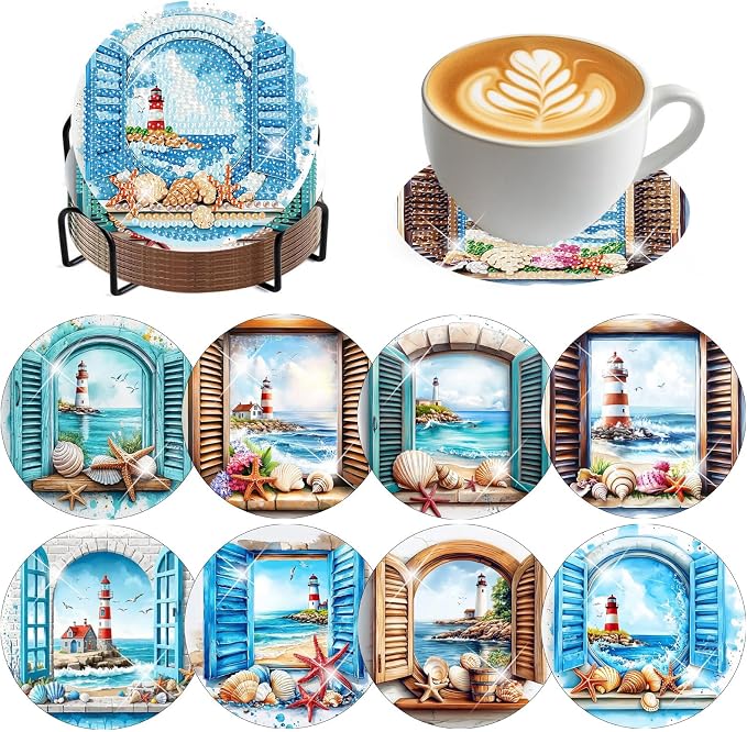 8 PCS Diamond Art Coasters Kits Lighthouse Diamond Painting Coaster | Diamond by Benjenes