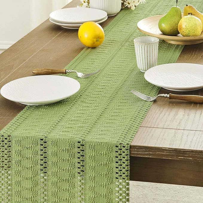 Macrame Style Boho Table Runner, 12x72 Inch Green | Woven Boho Table Runner - Image 5