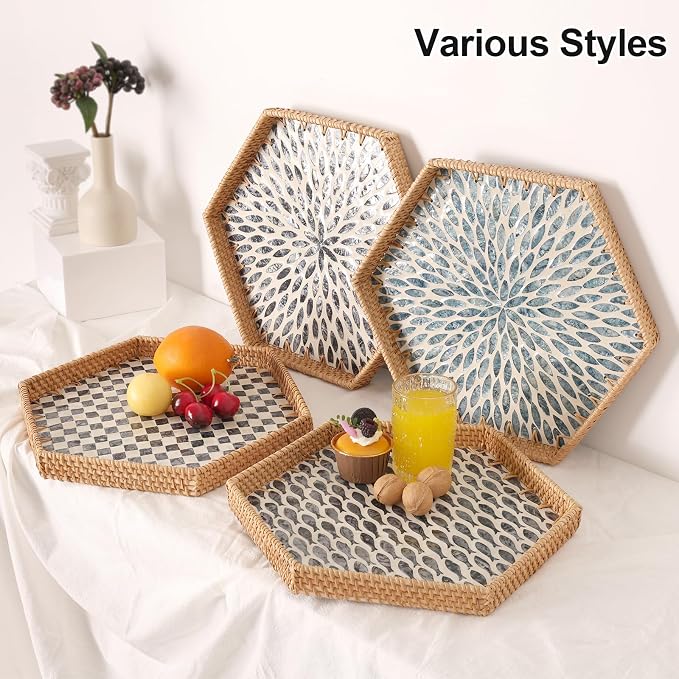 Hexagon Rattan Tray with Mother of Pearl Inlay, Rattan Serving Tray - Image 3