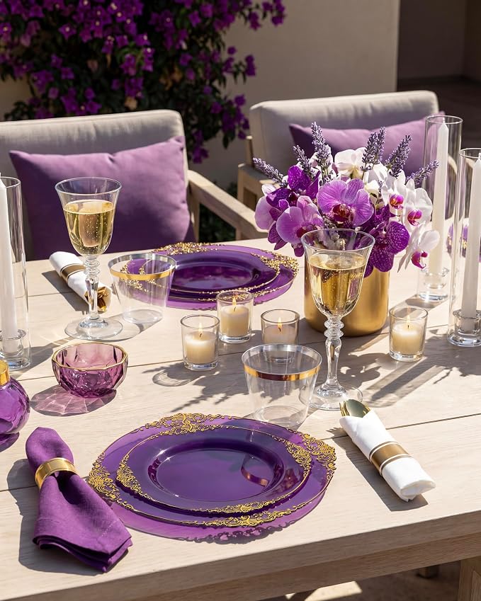 Nervure 350Pcs Purple Plastic Plates, Plastic Dinnerware Set - Image 4