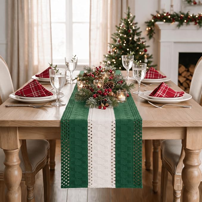 Artoid Mode Dark Green Farmhouse Woven Table Runner 12x90 Inch | Holiday Rustic - Image 2