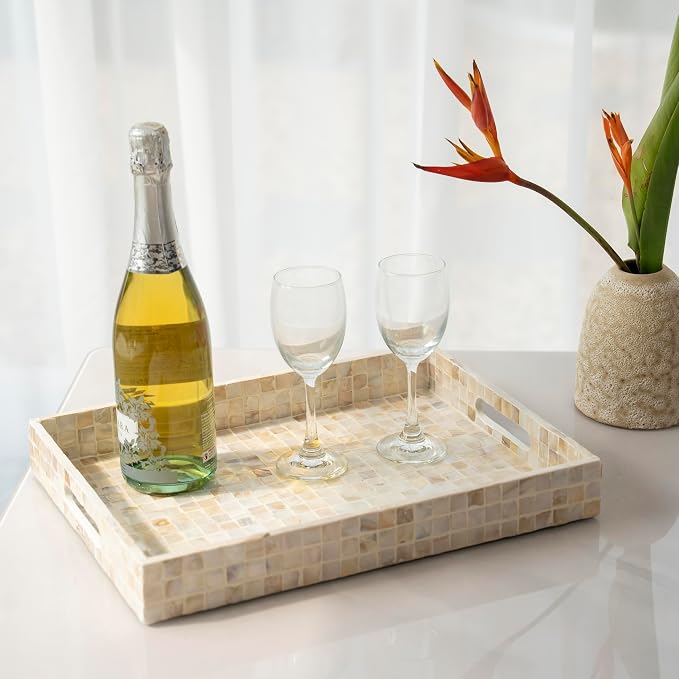 PEMAR Rectangular Mother of Pearl Serving Tray Nacre Wood Lap Ottoman Tray - Image 15