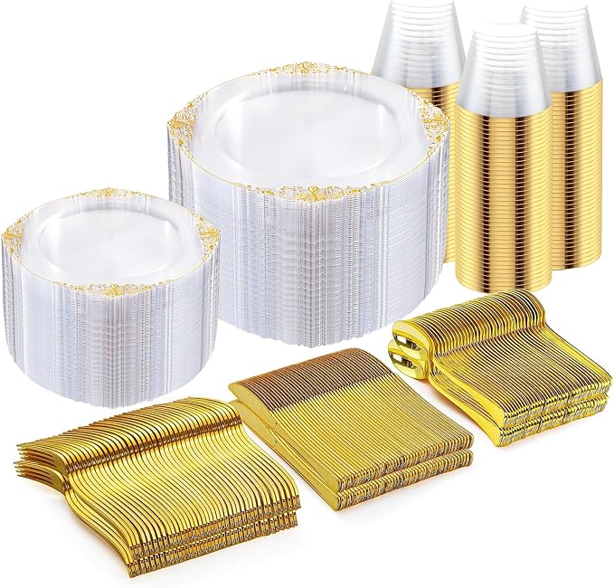 Nervure 600Pcs Clear and Gold Plastic Plates, Dinnerware Set by Nervure