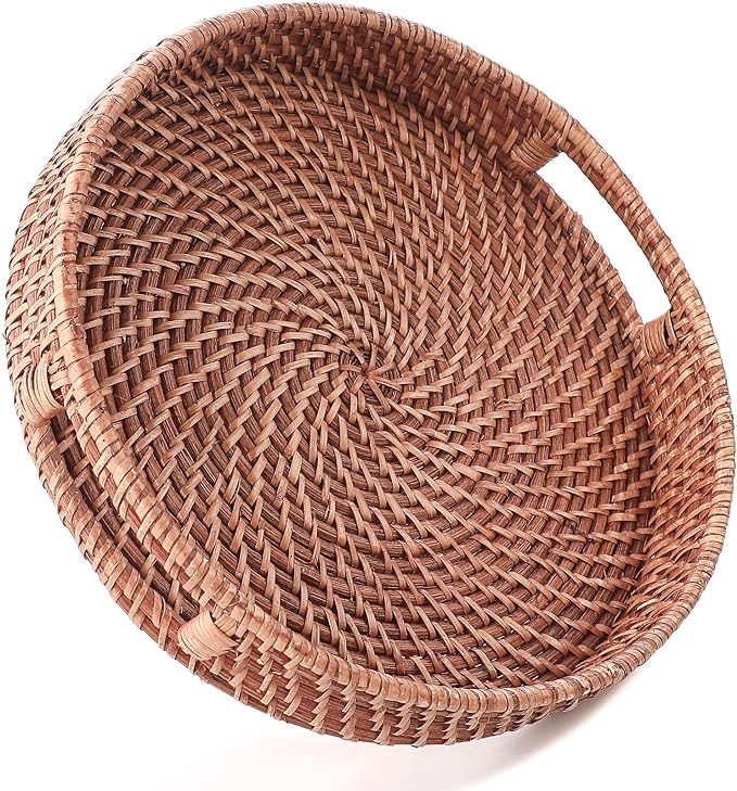 HITOMEN 11.8" Hand-Woven Round Rattan Serving Tray Decorative Wicker Trays by HITOMEN