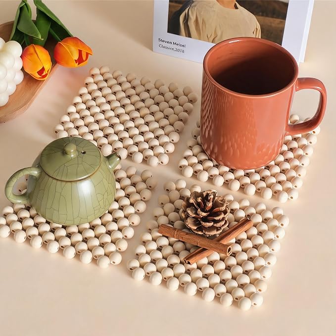 Wooden Bead Coaster, Natural Wood, Square Shape, Boho Style, Table Surface by Unknown