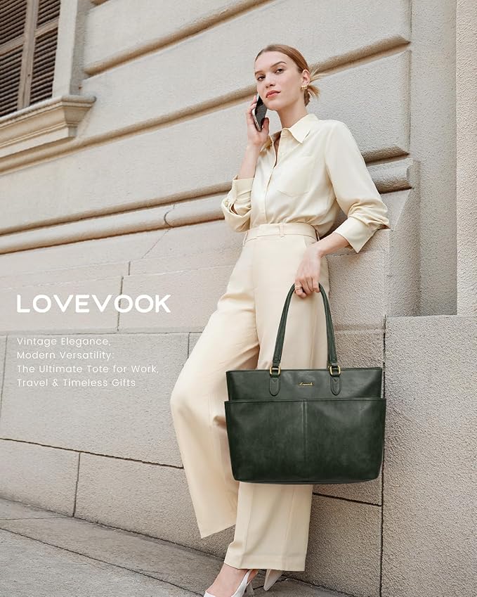 LOVEVOOK Work Tote Bag for Women, Retro Leather 17.3 Inch Laptop Bag - Image 2