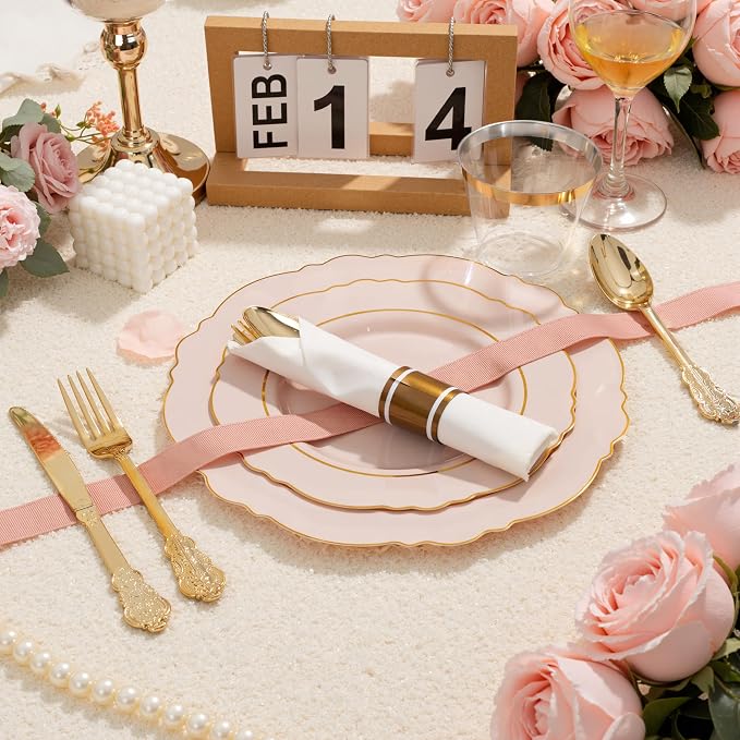 350PCS Pink Plates Disposable-PinK Plates 50guest Baroque Plastic Dinnerware - Image 6