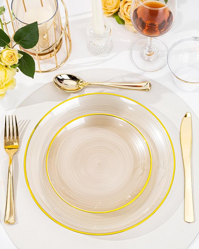 Morejoy 175PCS Clear Brown Plastic Plates, Disposable Gold Party Plates | - Image 8