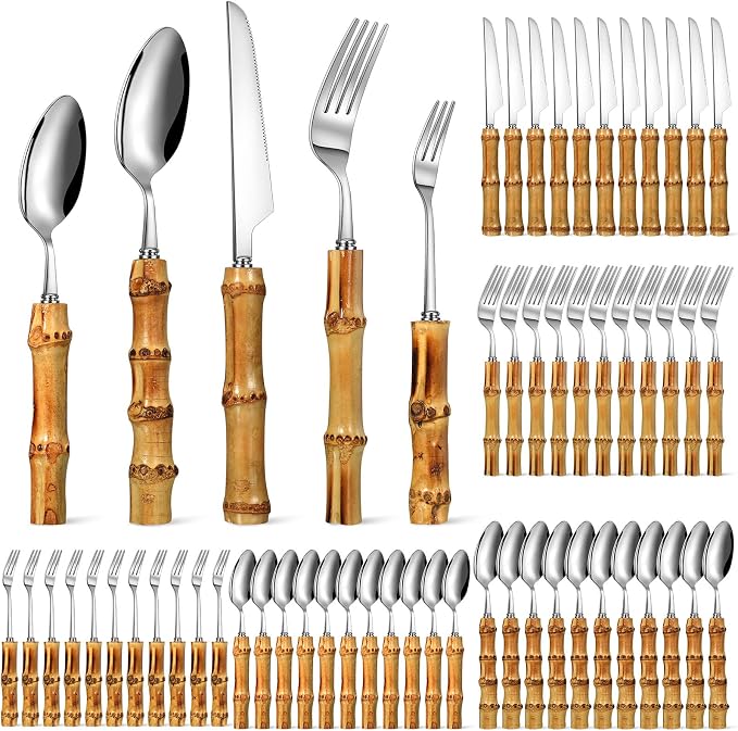 Eboot Bamboo Silverware Set 18/8 Stainless Steel Tableware Set Natural Utensil by eBoot