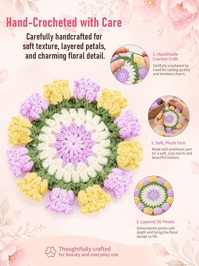 Crochet Flower Bouquet Coasters, Cotton Tulip Gift - Image 4