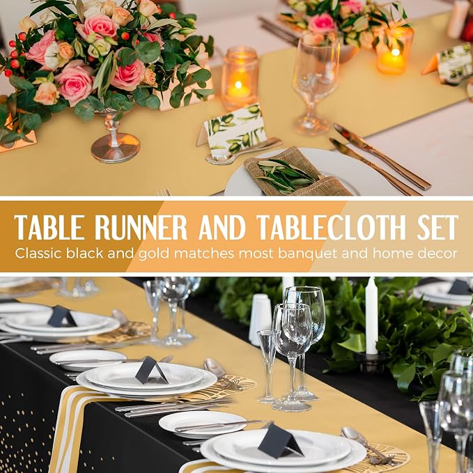 8 Pack New Year Black and Gold Disposable Plastic Tablecloths and Satin Table - Image 5