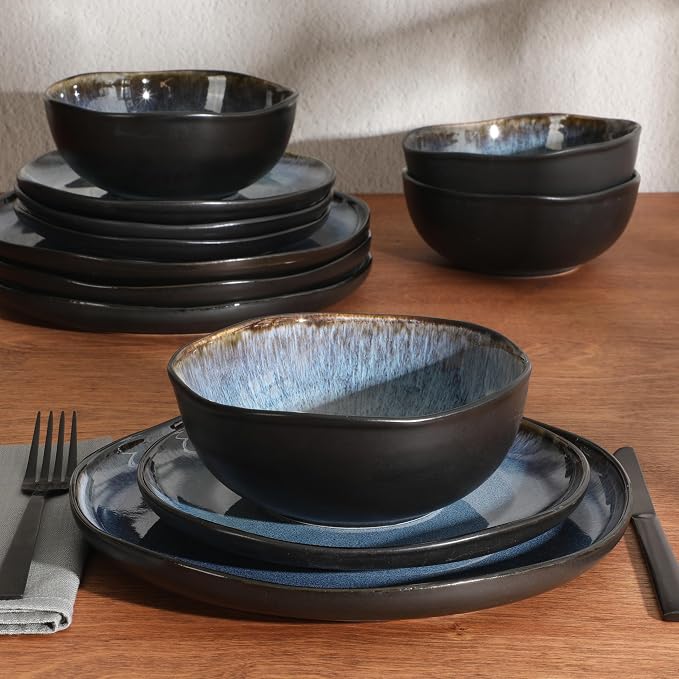 Gibson Elite Nardini 12 Piece Plates and Bowls Reactive Glaze Dishes Stoneware - Image 3