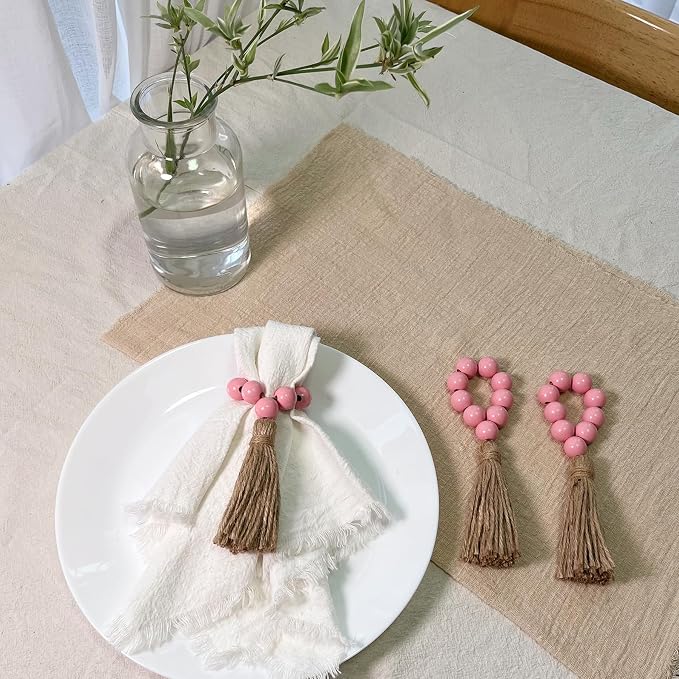 Napkin Rings Set of 12, Wooden Bead Elastic Tassel Napkin Ring | Tassel Napkin - Image 4