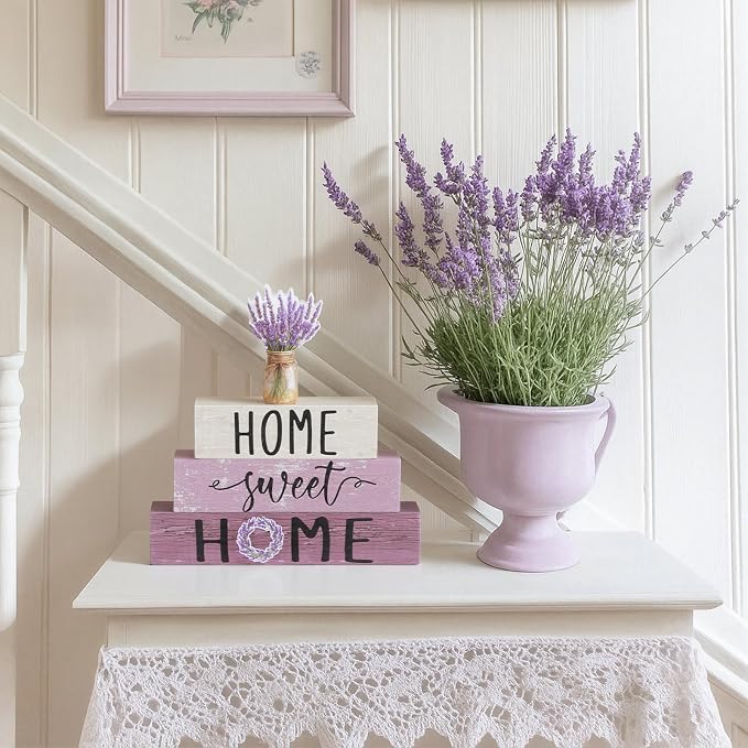 Cinnvoice 4 Pcs Farmhouse Wooden Tabletop Decor Purple Lavenderspring Rustic - Image 4