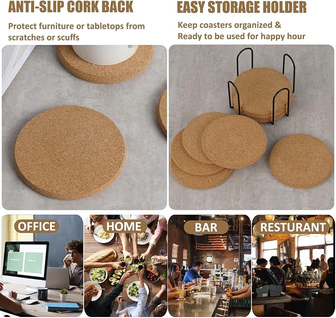 8 Pcs Drink Coasters with Holder, Thicker Cork Coasters - Image 6