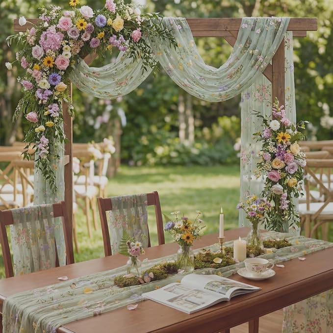 Sage Green Floral Table Runner 10ft Embroidery Tulle Spring Wildflower Gauze - Image 3