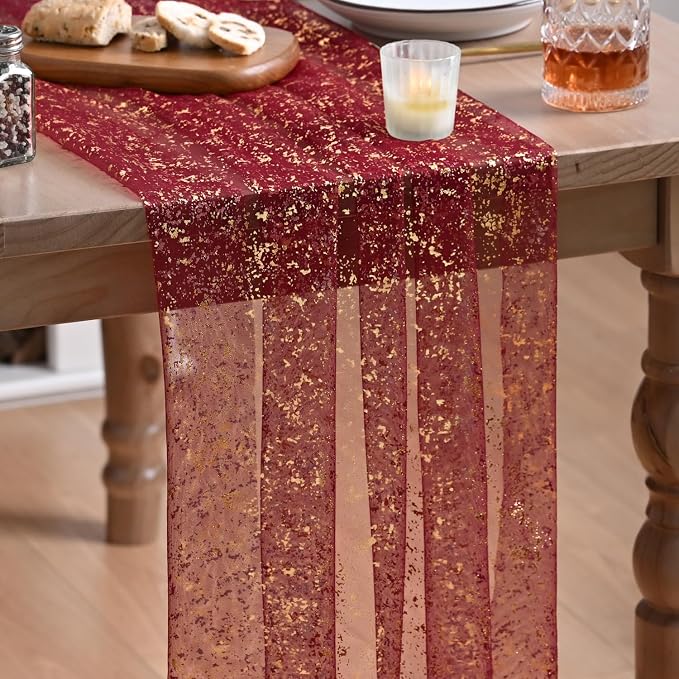 Artoid Mode 10Pcs Burgundy Gauze Gold Table Runner 10FT, Glitter Metallic Foil by ArtoidMode
