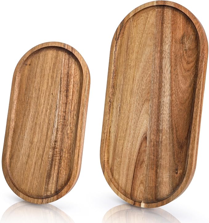 Elsjoy Set of 2 Acacia Wood Serving Trays, Long Wooden Serving Platter Oval by Elsjoy