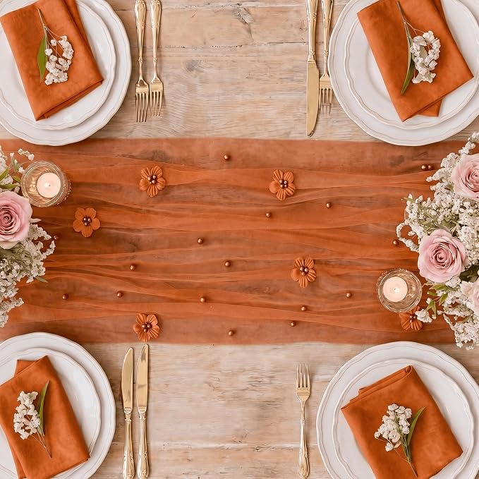 Artoid Mode Caramel Flower Pearl Pink Gauze Table Runner 10FT 3PC, Seasonal - Image 6